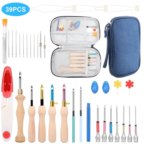 TSV 39pcs Punch Needle Kit, Adjustable Punch Needle Tool with Different Size Needles & Storage Bag, Wooden Handle Embroidery Pen Set for Adults Beginners