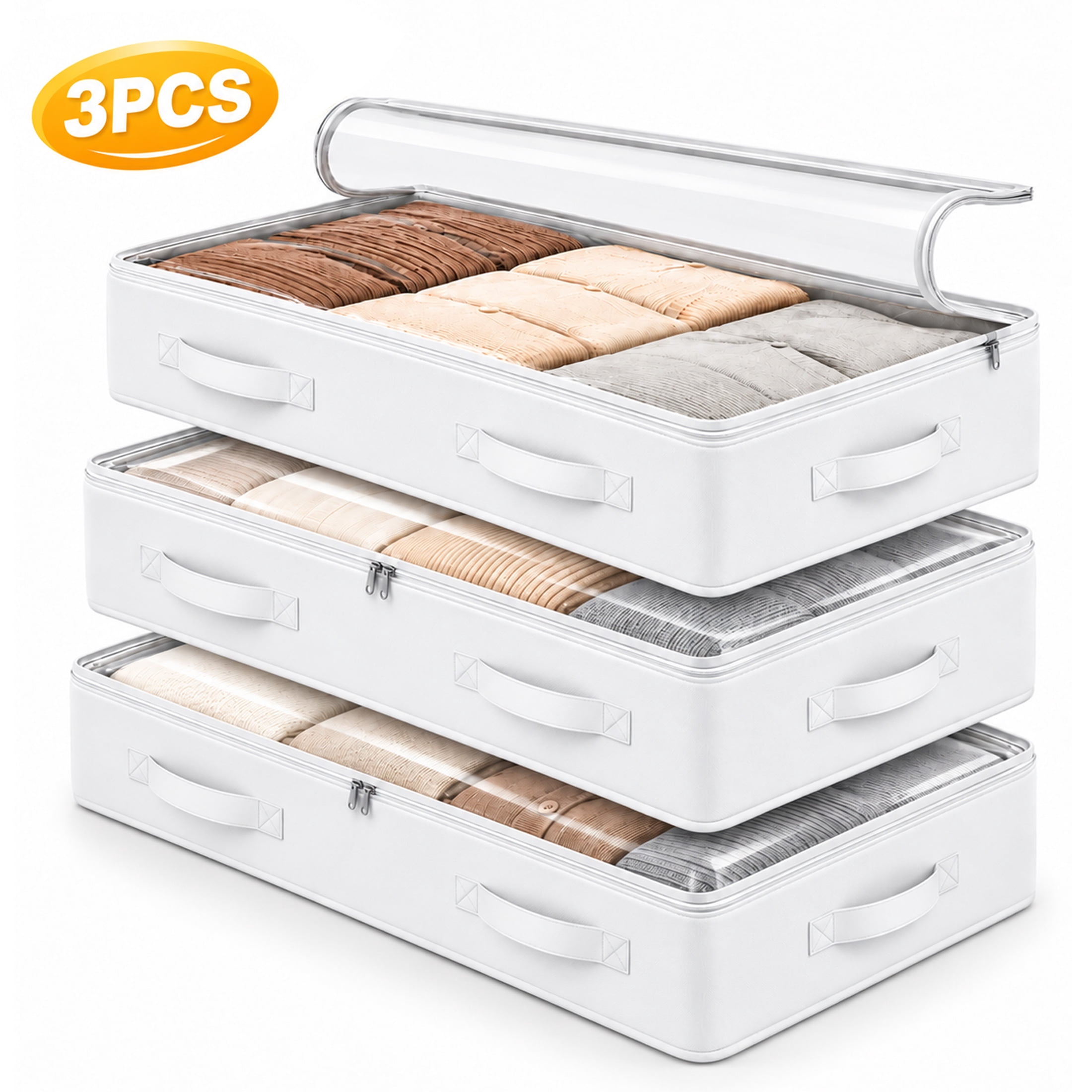 TSV 3pcs Under Bed Storage Containers with Clear PVC Top, Foldable ...