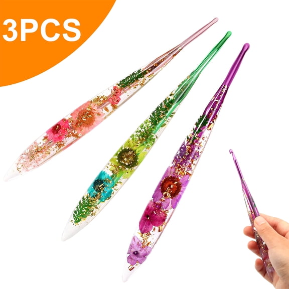 TSV 3pcs Crochet Hooks, 3.5mm 4.5mm 5mm Ergonomic Crochet Hook with Floral Resin Grips, Longer Smooth Glide Crocheting Hook for Arthritis & Beginners