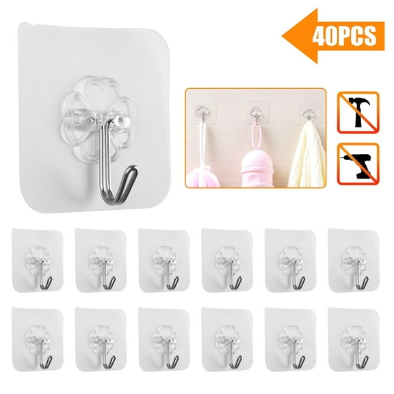 TSV 40pcs Self Adhesive Wall Hooks, Heavy Duty Clear Stick-On Hangers