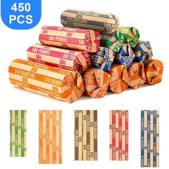 TSV 450pcs Assorted Flat Striped Coin Roll Wrappers, 90 of Each for Dollars, Quarters, Dimes, Nickels, Pennies, Heavy Duty Kraft Coin Wrappers