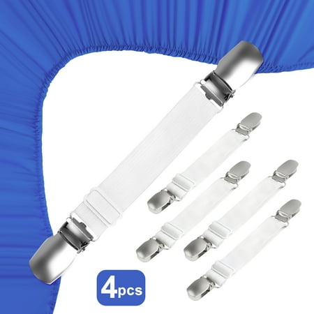 TSV 4Pcs Bed Sheet Fasteners with Sturdy Clips and Adjustable Elastic Straps, White
