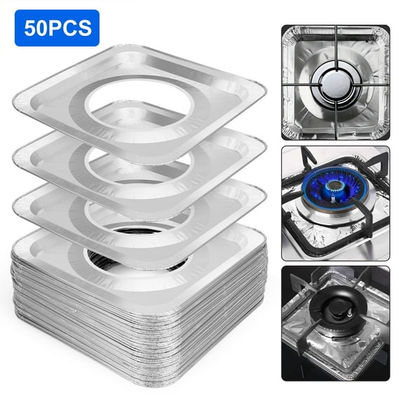 TSV 50pcs Aluminum Foil Gas Burner Liners, 9 x 9" Stove Covers for Food Spill Protection