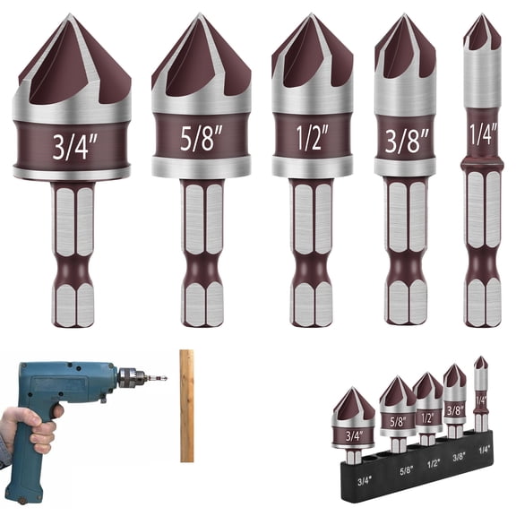 TSV 5pcs Countersink Drill Bit Set, 82 Degree HSS Counter Sink Drill Bits for Wood, Metal, Plastic, 1/4"-3/4" with 1/4" Hex Shank Countersink Bit Set
