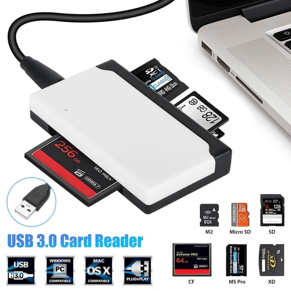 TSV 6-in-1 USB SD Card Reader, Portable USB 3.0 Memory Card Reader Fit for TF Card/Micro SD/SD/XD/CF/M2/MS, Camera Flash Card Reader, SD Card Adapter Support Windows, Linux, Mac OS, Android