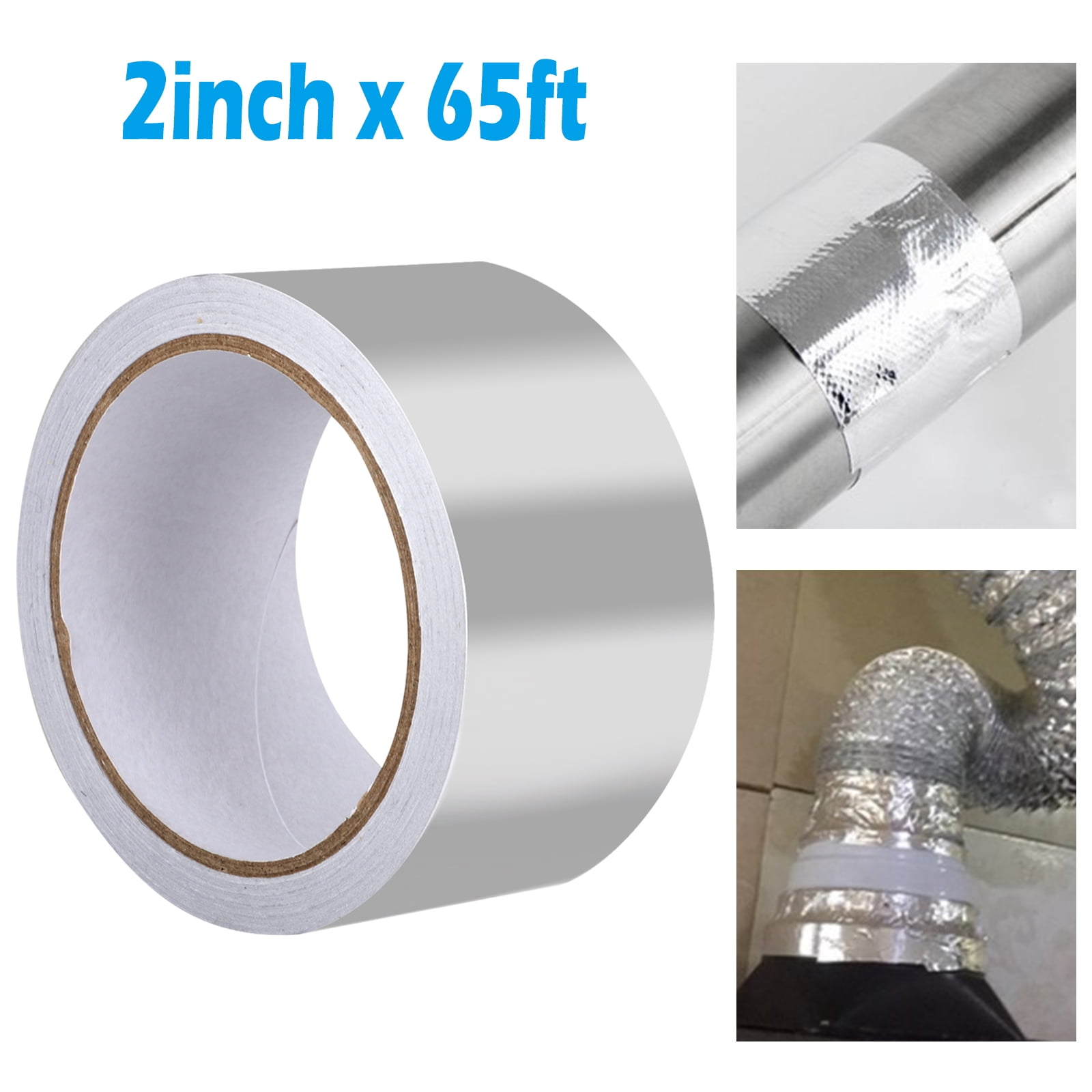 TSV 65' x 2" Aluminum Foil Tape, Silver Metal Tape Heat Shield HVAC Tape, A/C Sealing Adhesive Tape for Repairing Cold Air Ducts, Duct Insulation Systems, Stainless Steel