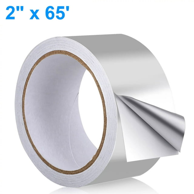 TSV 65' x 2" Aluminum Foil Tape, Self Adhesive Silver Metal Tape, High-Temperature HVAC Tape for Ductwork, Dryer Vent, AC Unit, Furnace, Water Heater