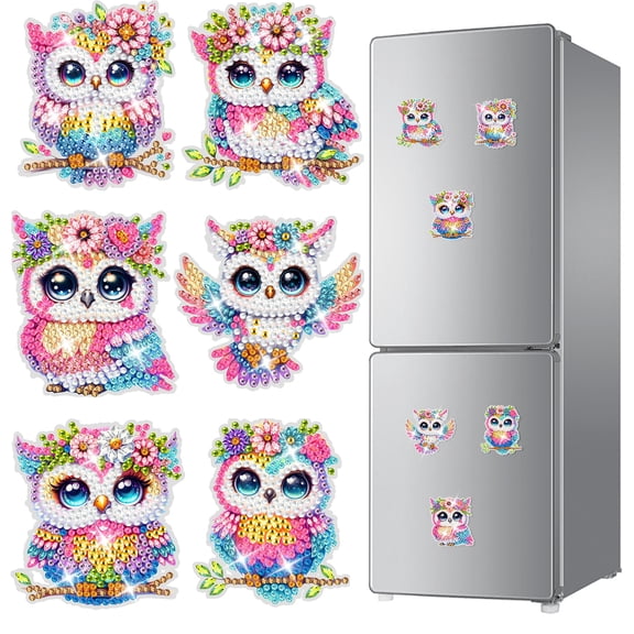TSV 6pcs Diamond Art Magnets Kit, Cute Owl Refrigerator Magnets for Kitchen Bedroom