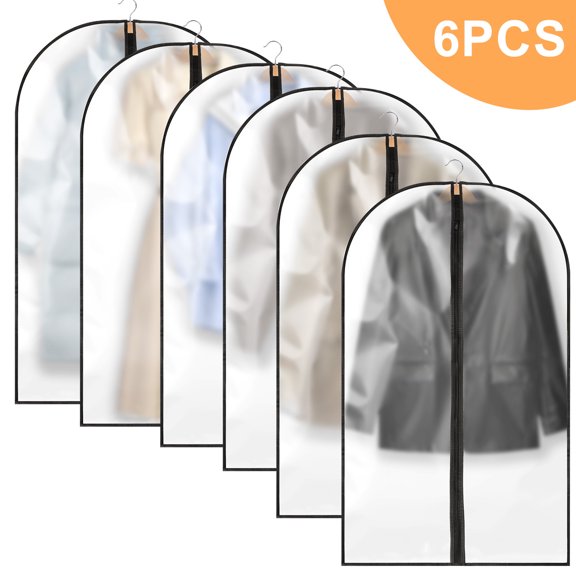 TSV 6pcs Garment Bags for Hanging Clothes, Translucent Suit Bags for Closet Storage, Waterproof Dust Proof Suit Cover with Zipper for Coats, Jackets, Shirts