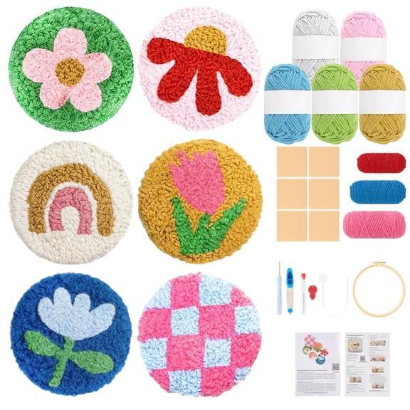 TSV 6pcs Punch Needle Kit, Coaster Punch Needle Kit for Beginners Adults, Easy Punch Needle Embroidery Kit for Art Crafters