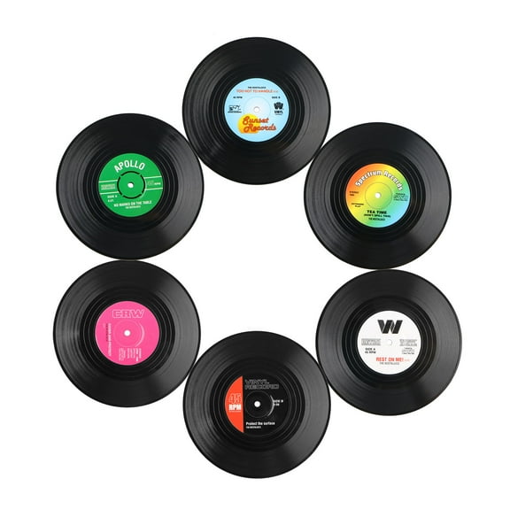 TSV 6pcs Vinyl Record Coasters, Colorful Retro Record Disk Drink Cup Mats for All Mugs Bottles Glass