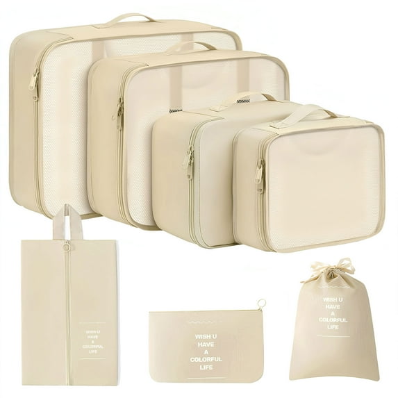 TSV 7pcs Packing Cubes for Suitcases, Light Packing Cubes for Travel, Luggage Organizer Bags Set, Beige