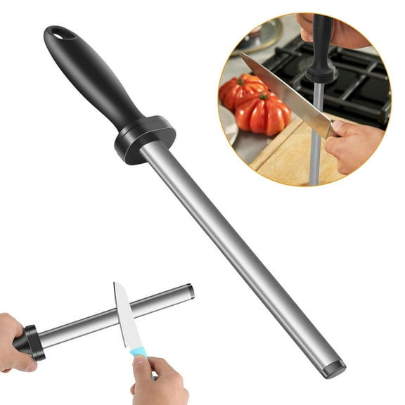 TSV 8" Diamond Sharpening Steel, Professional Sharpening Stick for Kitchen, Home, and Hunting Knives, Black and Silver