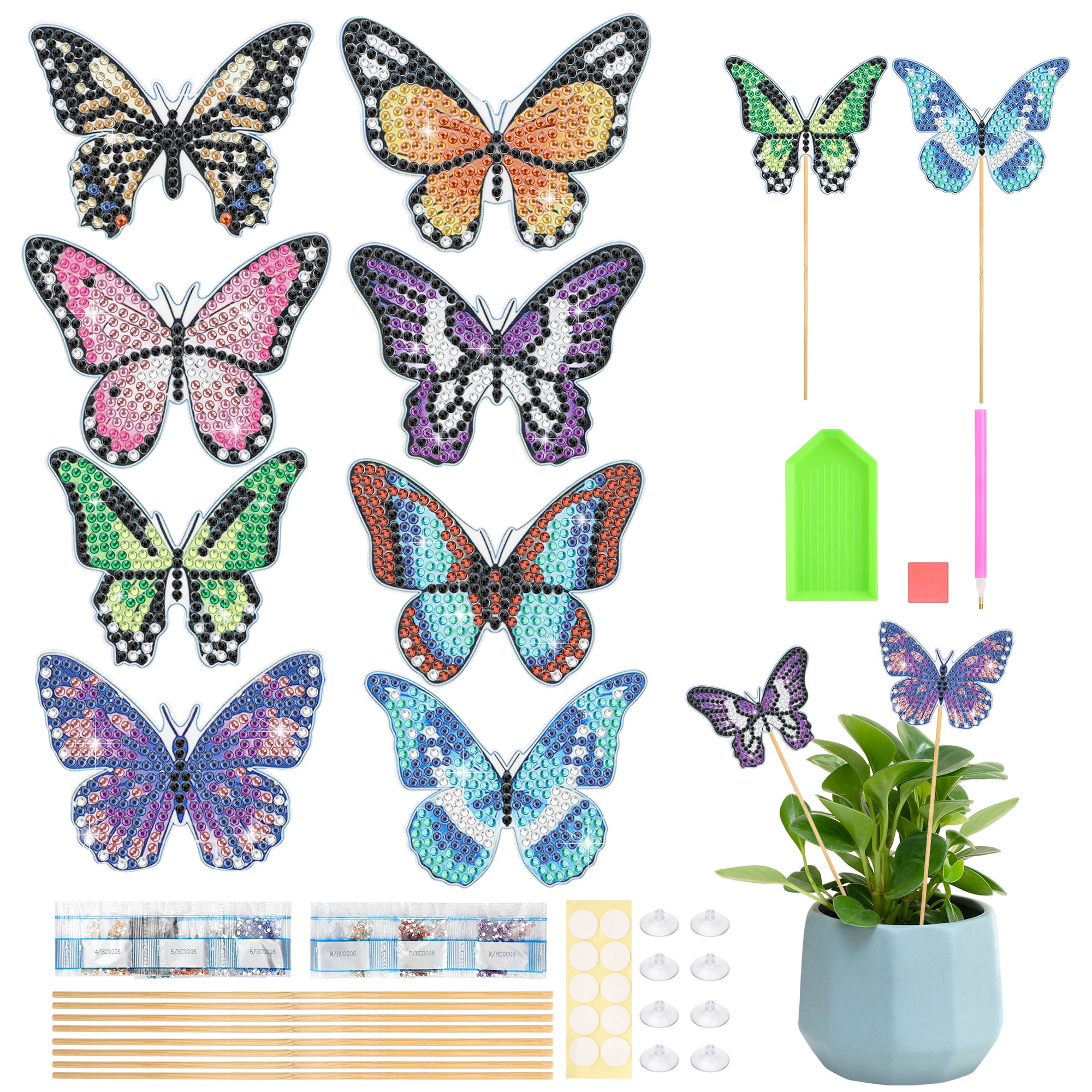 TSV 8pcs Butterfly Stakes Diamond Art Kits, Diamond Painting Kits DIY for Indoor Outdoor Yard Decor