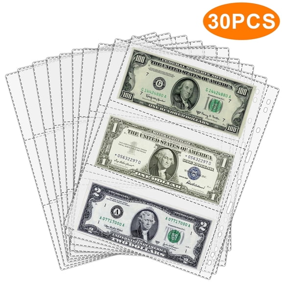 TSV 90 Pockets Binder Currency Sleeves for Collectors, 30pcs Acid-Free Currency Collection Sleeves, Cash Collecting Album Refill Page, 3 Pockets Currency Sheets for Bills, Banknotes, Coupons