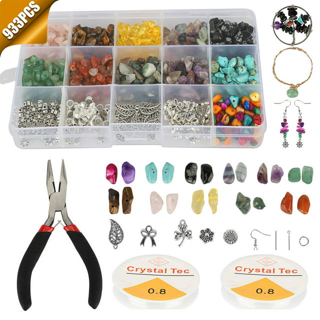 TSV 933pcs Natural Beads for Jewelry Making Kit, Irregular Chips Stone Gemstone Beads Kit with Earring Hooks Spacer Beads Pendants Charms Jump Rings for DIY Necklace Bracelet Earring Making