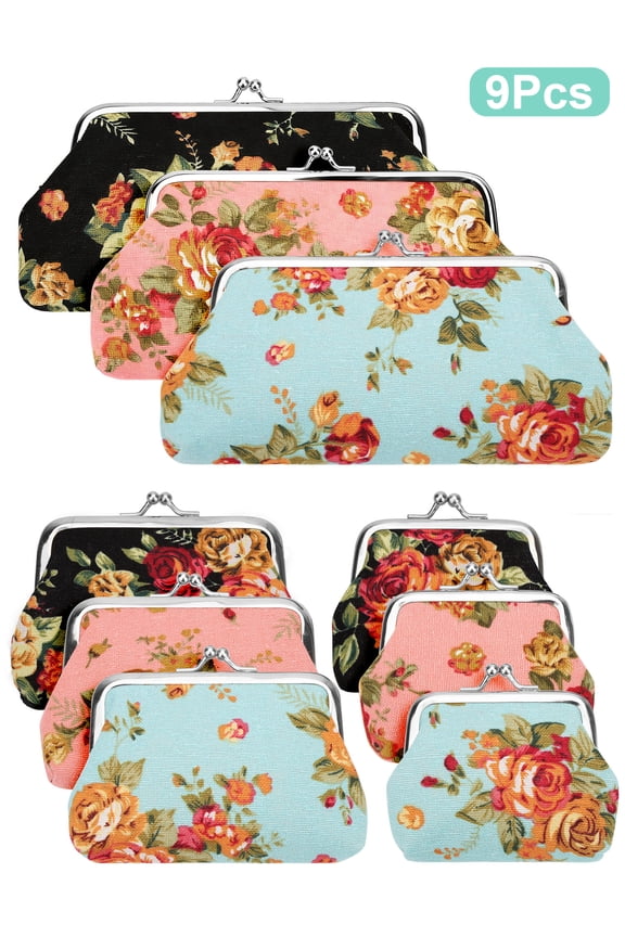 9pcs Floral Buckle Vintage Coin Purses, 3 Sizes Canvas Vintage Pouch Gift for Women, Kiss Lock Coin Purse
