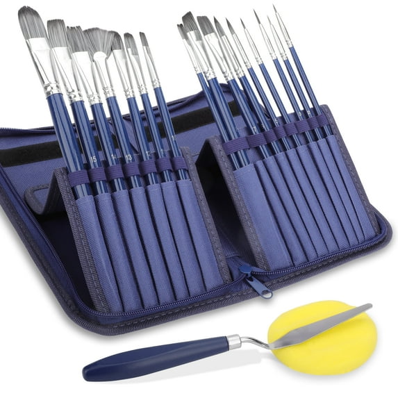 TSV Acrylic Paint Brush Set, 16Pcs Paint Brushes with Oil Painting Knife and Sponge for All Purpose Oil Watercolor - Blue