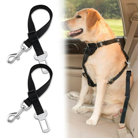 TSV Adjustable Dog Seatbelt Harness with 2 x Safety Leads for Pets, Black (2 Pack)