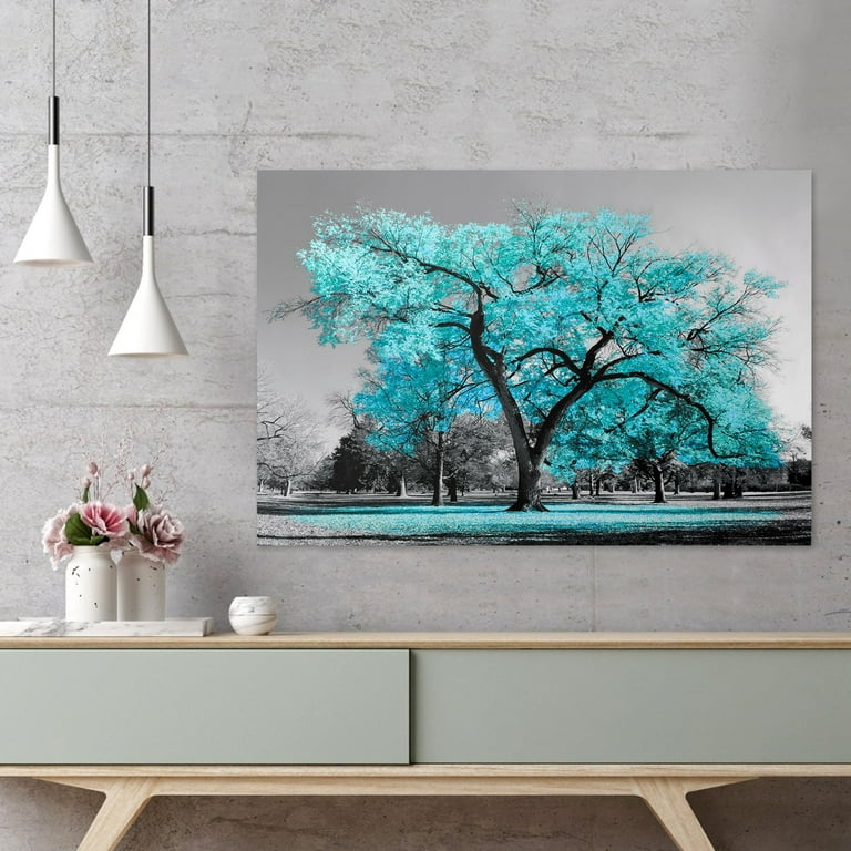 TSV Art Decor Large Canvas Wall Art Teal Green Tree Landscape Black and  White Picture Prints Modern HD Stretched Painting Wall Decoration for  Modern Living Room Office (24'' x 36'') 
