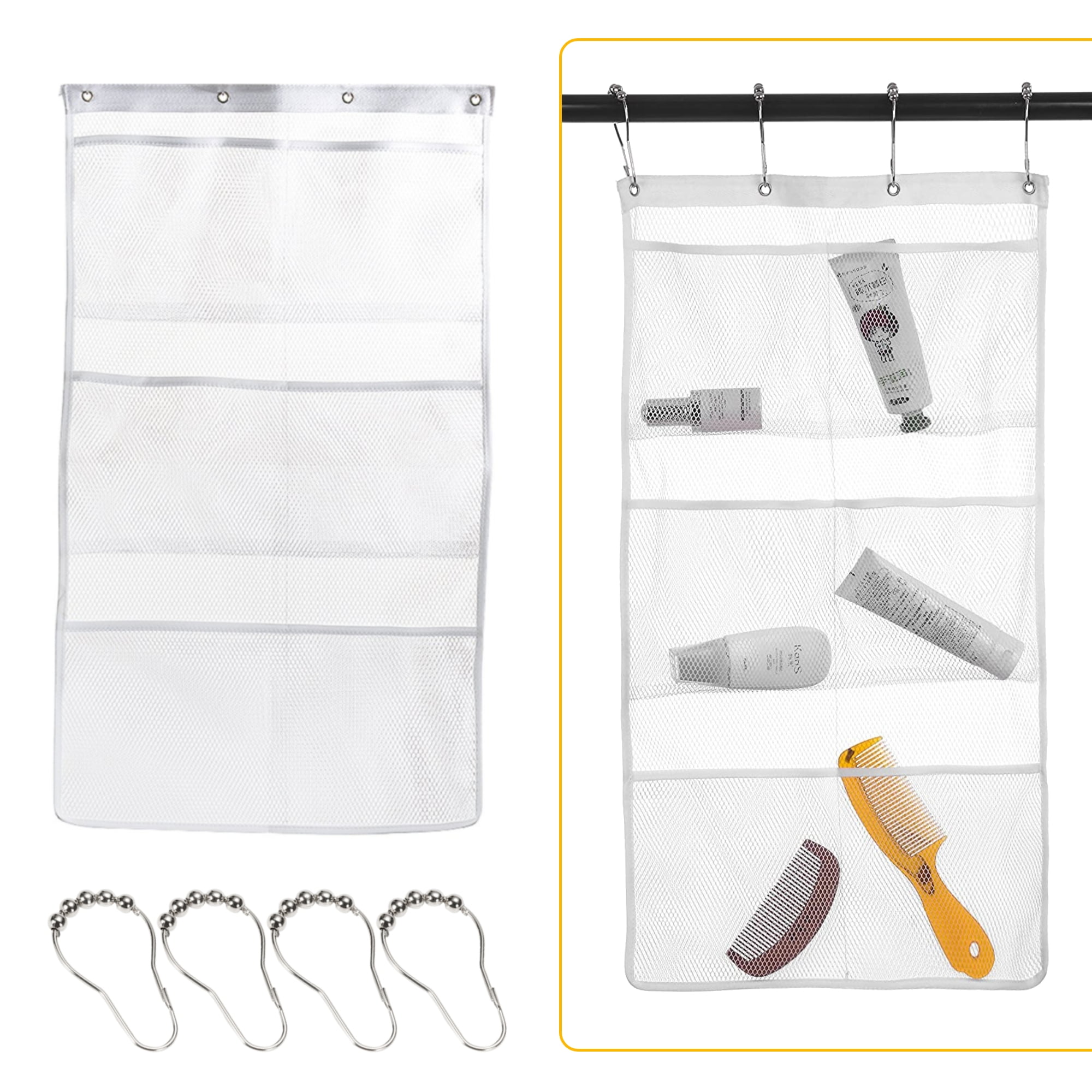 TSV Mesh Shower Caddy Curtains Organizer, Hanging Bathroom Shower Curtain  Rod Liner Hooks Accessories with 6 Pockets Save Space in Small Bathroom Tub