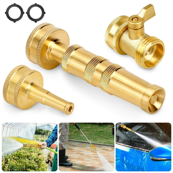 TSV Brass High-Pressure Jet Nozzle, Twist Hose Nozzle, Garden Hose Connector with Shut Off Valve, 3/4" Thread