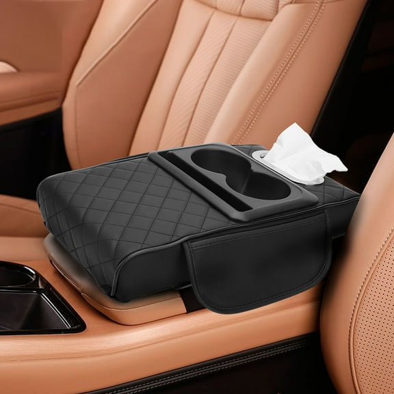 TSV Car Center Console Armrest Pillow, Leather Car Armrest Cushion with Cup and Phone Holder, Tissue Box, Side Pocket, Black