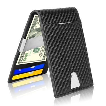 TSV Carbon Fiber Minimalist Wallet for Men & Women, RFID Blocking Credit Card Holder Metal Wallets, Outside Notch Design 8 Card Pockets with Money Clip, Leather Bifold Slim Front Pocket for Travel