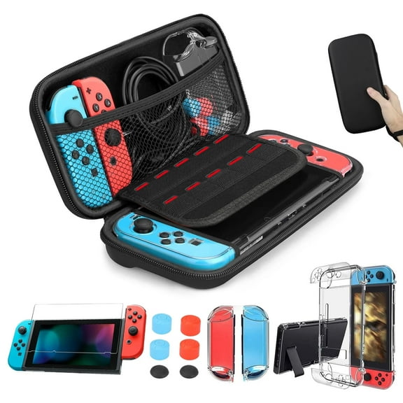 TSV Carrying Case Fit for Nintendo Switch, 14-in-1 Accessories Bundle with Protective Travel Pouch, Clear Cover Case, Screen Protector, Thumb Grips Caps