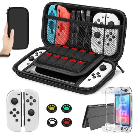 TSV Carrying Case Fit for Nintendo Switch OLED, 8-in-1 Accessories Bundle with Dockable Protective Case Cover, Screen Protector, Game Card Case, Thumbstick Caps