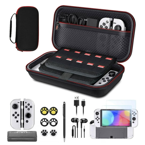 TSV 17-in-1 Accessories Bundle Fit for Nintendo Switch OLED, Carrying Case with 20 Game Card Slots, Protective Case Cover, Screen Protector, Stylus Pen, Earphone, Type-C Cable