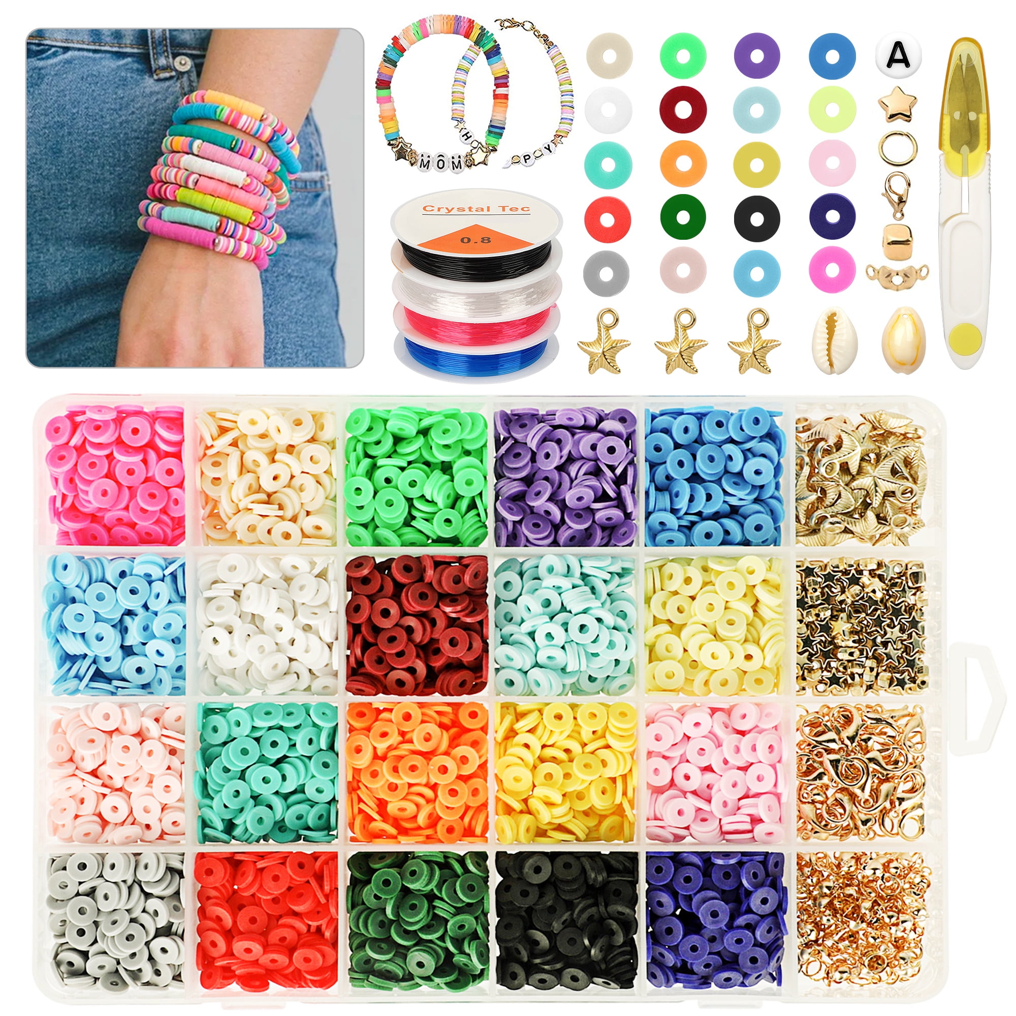 TSV Clay Beads for Bracelet Jewelry Making Kit, 20 Colors Flat Round with  Charms Elastic Strings 