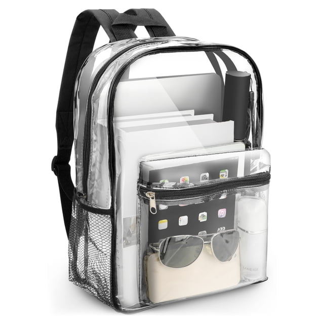 TSV Clear Backpack, Heavy Duty PVC Transparent Backpack, See Through Bookbag for Stadium,Travel, School, Black
