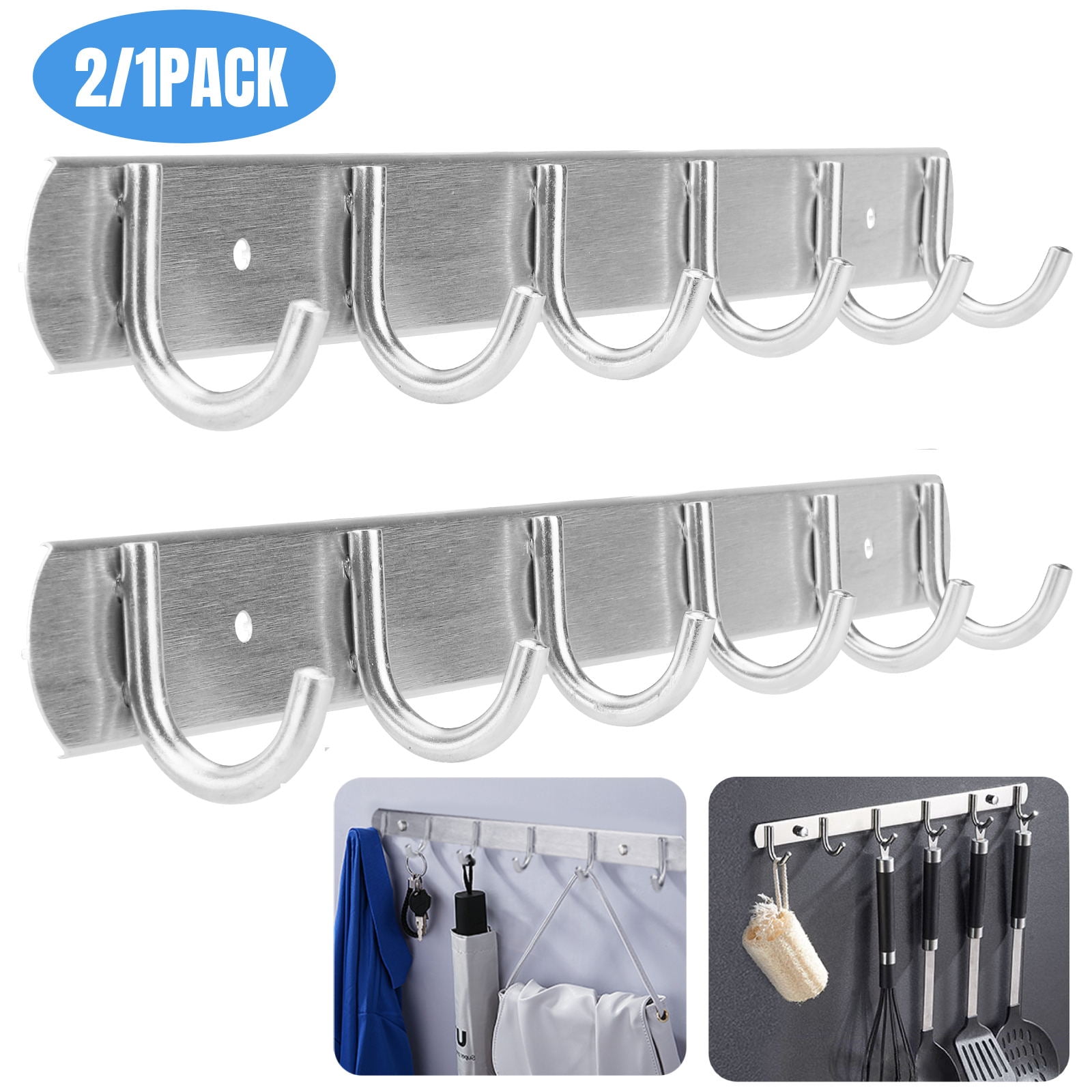 TSV Coat Rack Towel Hook with 6 Hangers, 2/1pcs Wall Mounted Heavy Duty