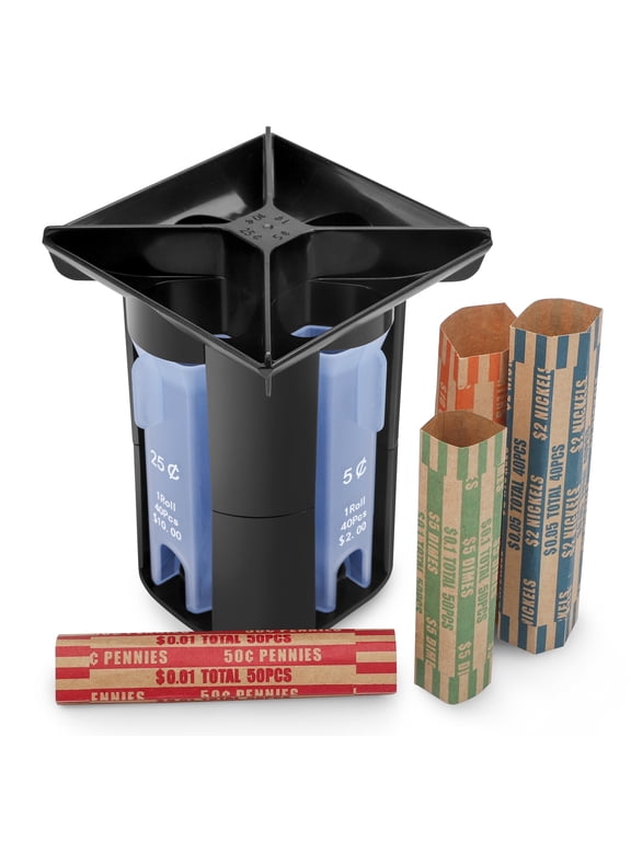 Coin Counter Coin Sorter Tube with Coin Wrappers, 4-in-1 Change Sorter, Change Counter Machine with Coin Roller