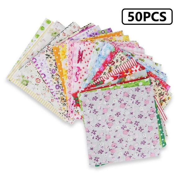 TSV Cotton Craft Fabric Bundle Patchwork, 50pcs 4 inch Squares Quilting Sewing Patchwork Different Pattern Cloths DIY Scrapbooking Artcraft (Multi-color)
