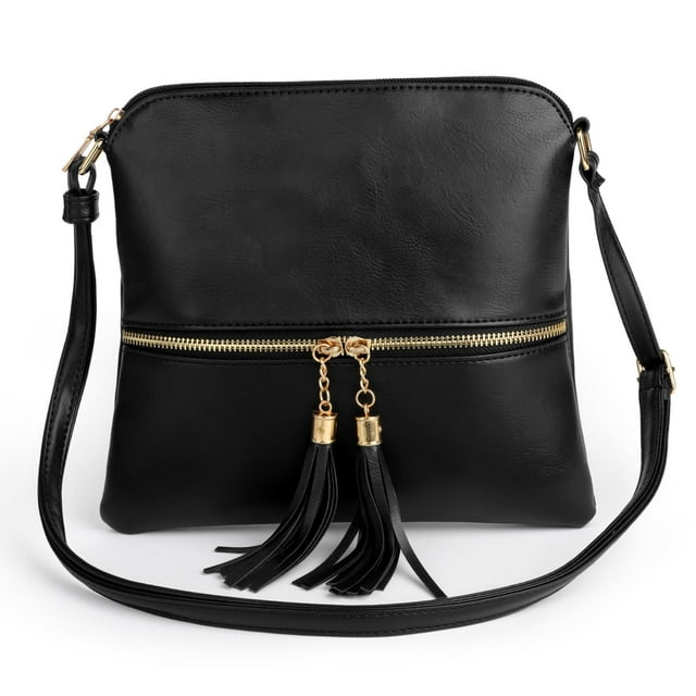 TSV Crossbody Bag for Women, PU Leather Shoulder Bag with Adjustable Strap, Ladies Large Capacity Tote Bag, Black