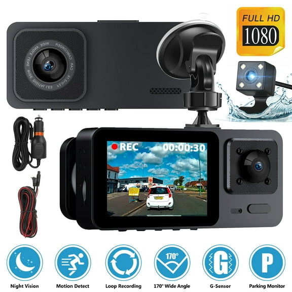 TSV Dash Cam Front and Rear Inside, 3 Channel Car Camera with 2" IPS Screen, 1080P Night Vision, Loop Recording, Support 64GB Max
