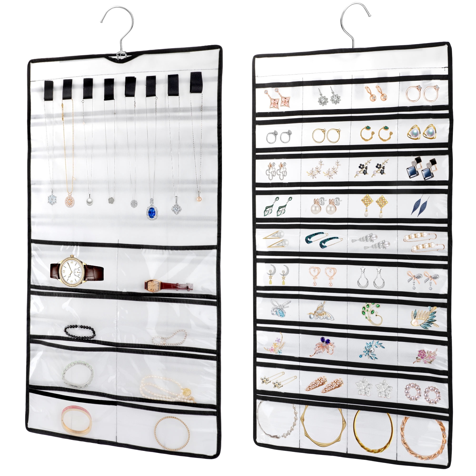 TSV DualSided Hanging Jewelry Organizer, 48 Pockets + 8 Hooks for