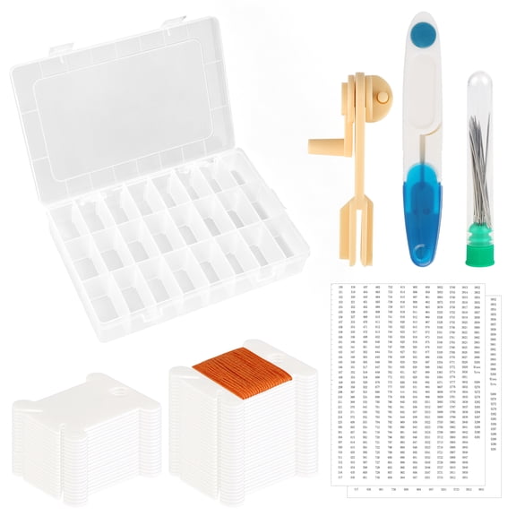 TSV Embroidery Floss Organizer Kit, 24-Compartment Cross Stitch Thread Storage Box Tool with 50 Bobbins, Bobbin Winder, Seam Ripper, 25 Needles, Number Stickers