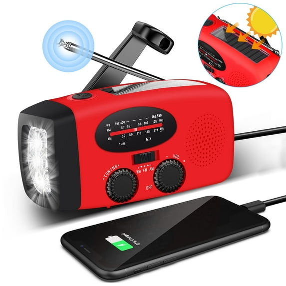 TSV Emergency Radio, Solar Hand Crank Self-Powered Weather Radio with 2000mAh Rechargeable Battery, Bright LED Flashlight, for Household Emergency, Outdoor Survival