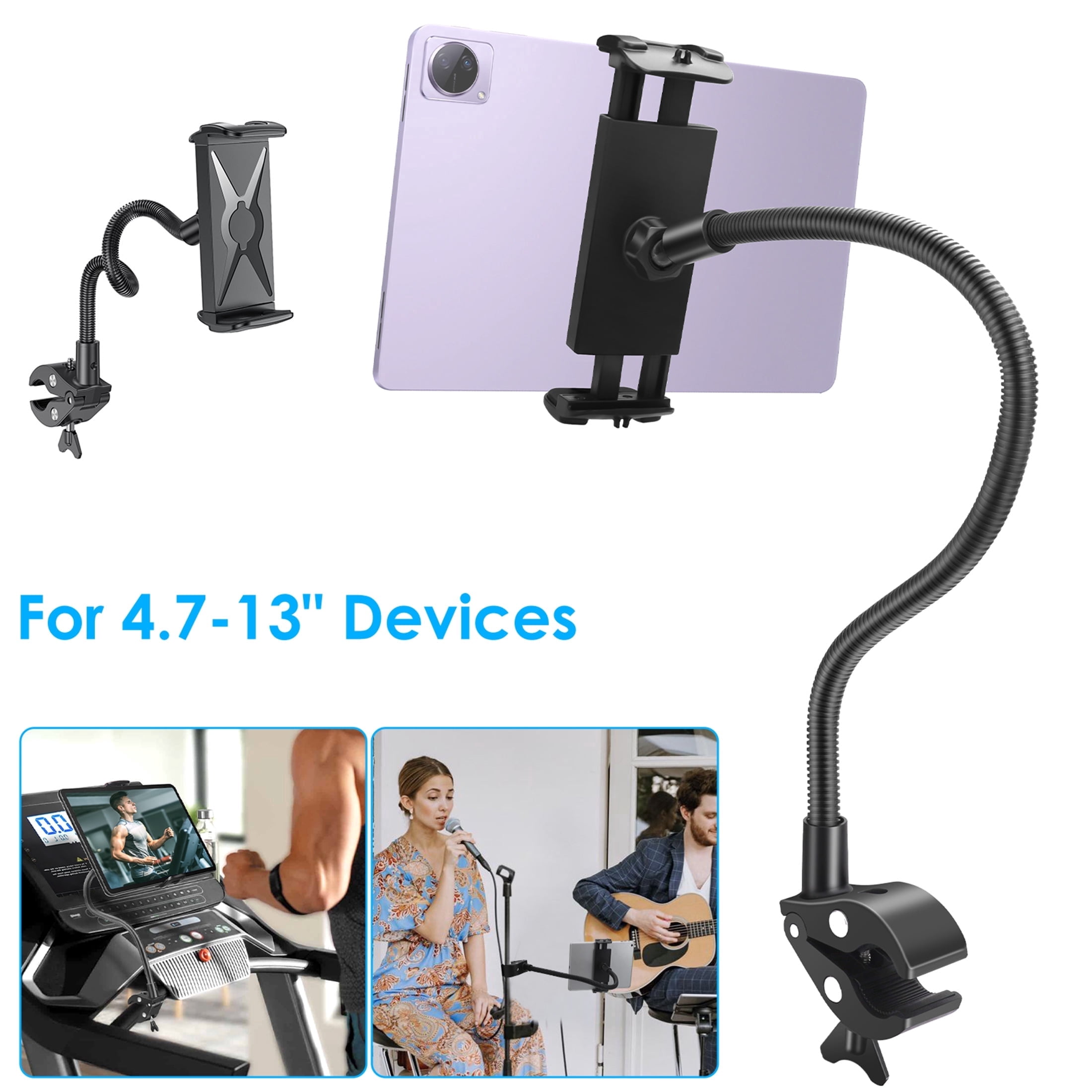 EeeKitOnline 360° Rotating Tablet/iPad/Phone Holder – Fits Treadmill, Bike Handlebar, Mic Stand, 5-12.9", Black ABS