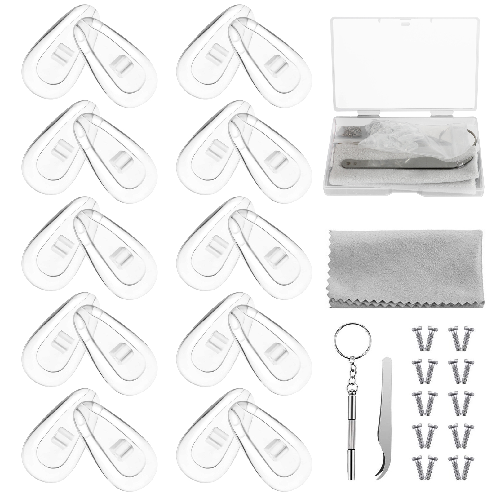 Eyeglasses Nose Pads, 5 Pairs Soft Silicone Air Chamber Glasses Nose Pads Replacement Repairing Kit, Screw-in Nose Pads With 3 In 1 Mini Screwdriver, Nose Pads For Glasses Sunglass Cleaning Cloth