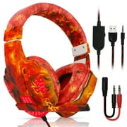 TSV Gaming Headsets Fit for PS4 PS5 Xbox One PC, Noise Cancelling Over Ear Headphones with Mic, LED Light, Bass Surround,  Soft Memory Earmuffs for Laptop Mac Nintendo Games - Red