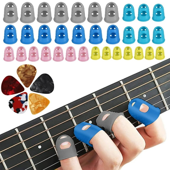 TSV Guitar Accessories Kit with 35Pcs Silicone Finger Protectors in 5 Sizes, 5 Guitar Picks for Ukulele, Mandolin Players