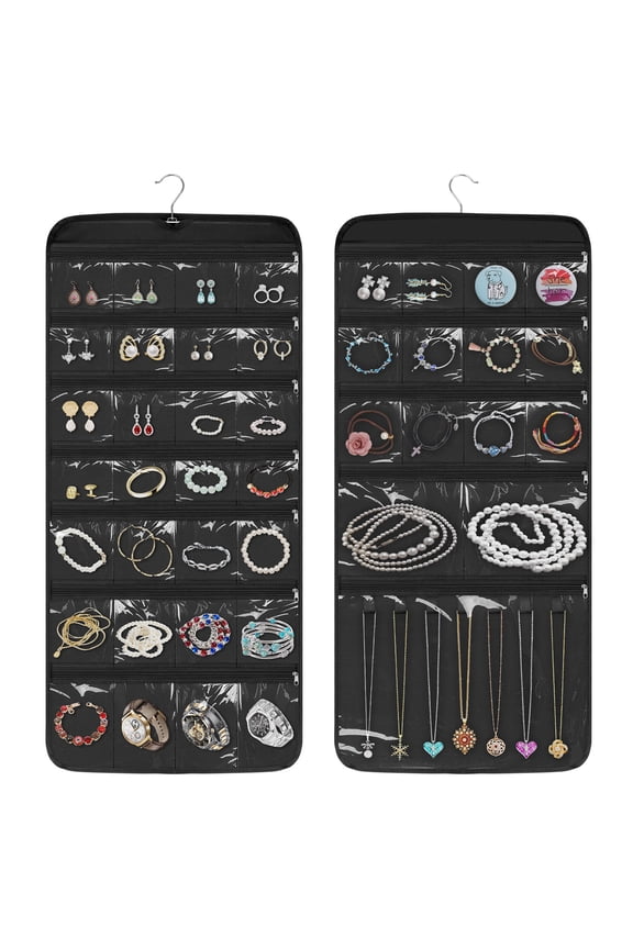 Hanging Jewelry Organizer, Double-Sided Jewelry Holder with Zippered Pockets, Wall Mount Accessories Display Bag for Earrings, Necklaces, Rings, Closet, Wall, Door