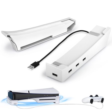 TSV Horizontal Stand Fit for PS5 Slim, Laydown Holder Compatible with Playstation 5 Slim Disc & Digital Edition Console with 4 Ports USB Hub for Fast Charging, Data Transfer