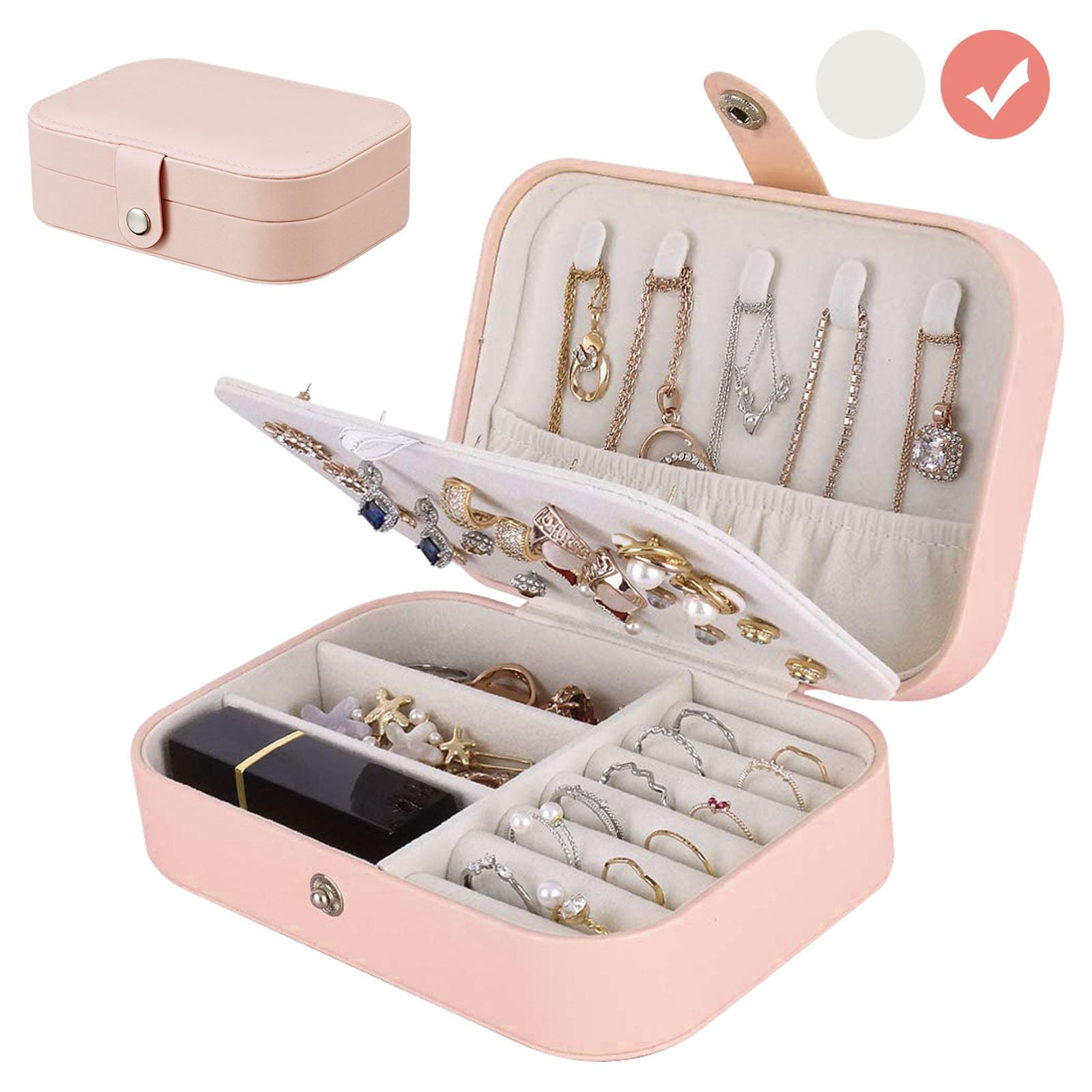 Ivory Double Layer Travel Jewelry Box with Necklace Storage, Ring Storage,  and Mirror - ACC088B