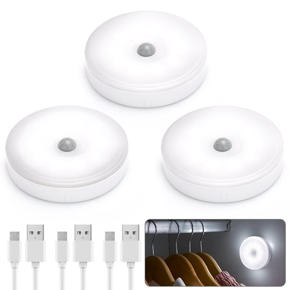 TSV LED Puck Light Motion Sensor USB Rechargeable Closet Illumination, 3Pcs White