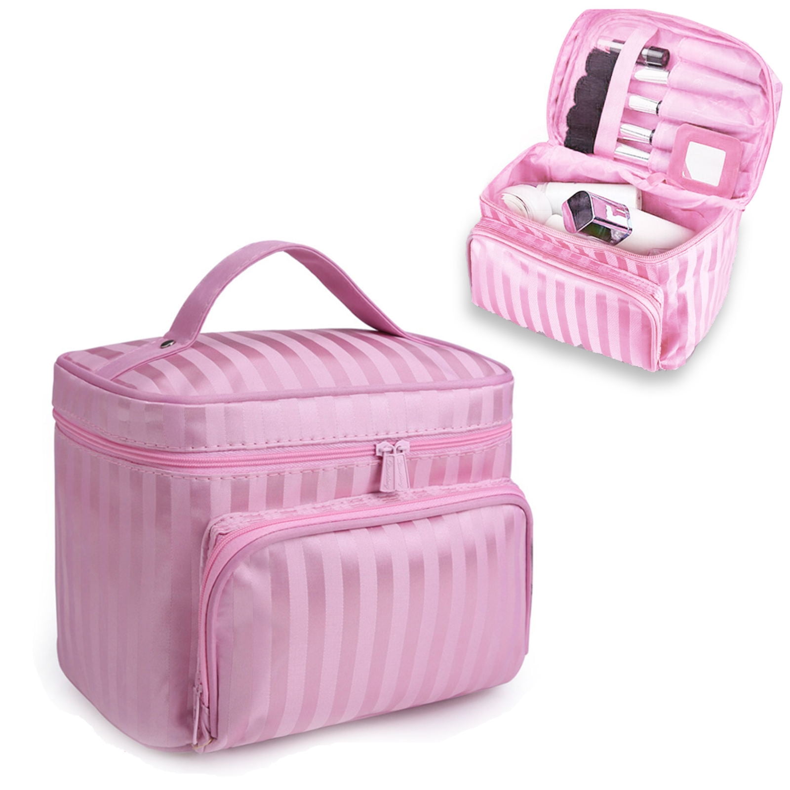 vhivhias Portable Checkered Makeup Bag Large Capacity Portable Travel  Cosmetic Bag Opens Flat PU Leather Waterproof White